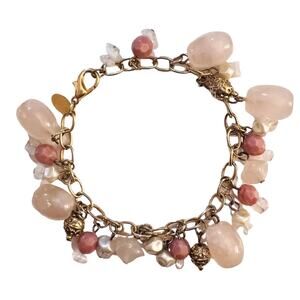 Premier Designs Bracelet Pink Gold Tone Beads Faux Pearls Dangle Stones Adj